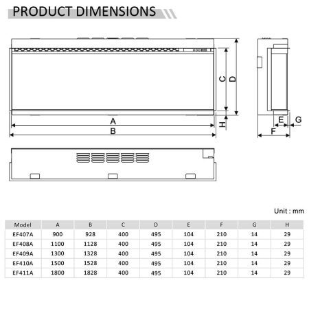 Διαστάσεις ηλεκτρικού τζακιού εστίας 3D Insert 3 όψεων με ξύλα κούτσουρα στάχτη 1